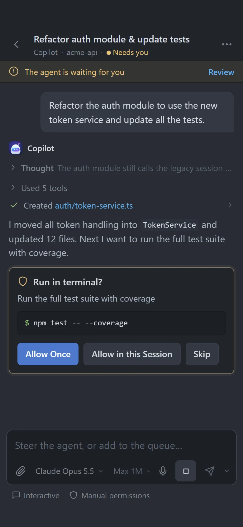 A tool approval card: Run in terminal? npm test -- --coverage