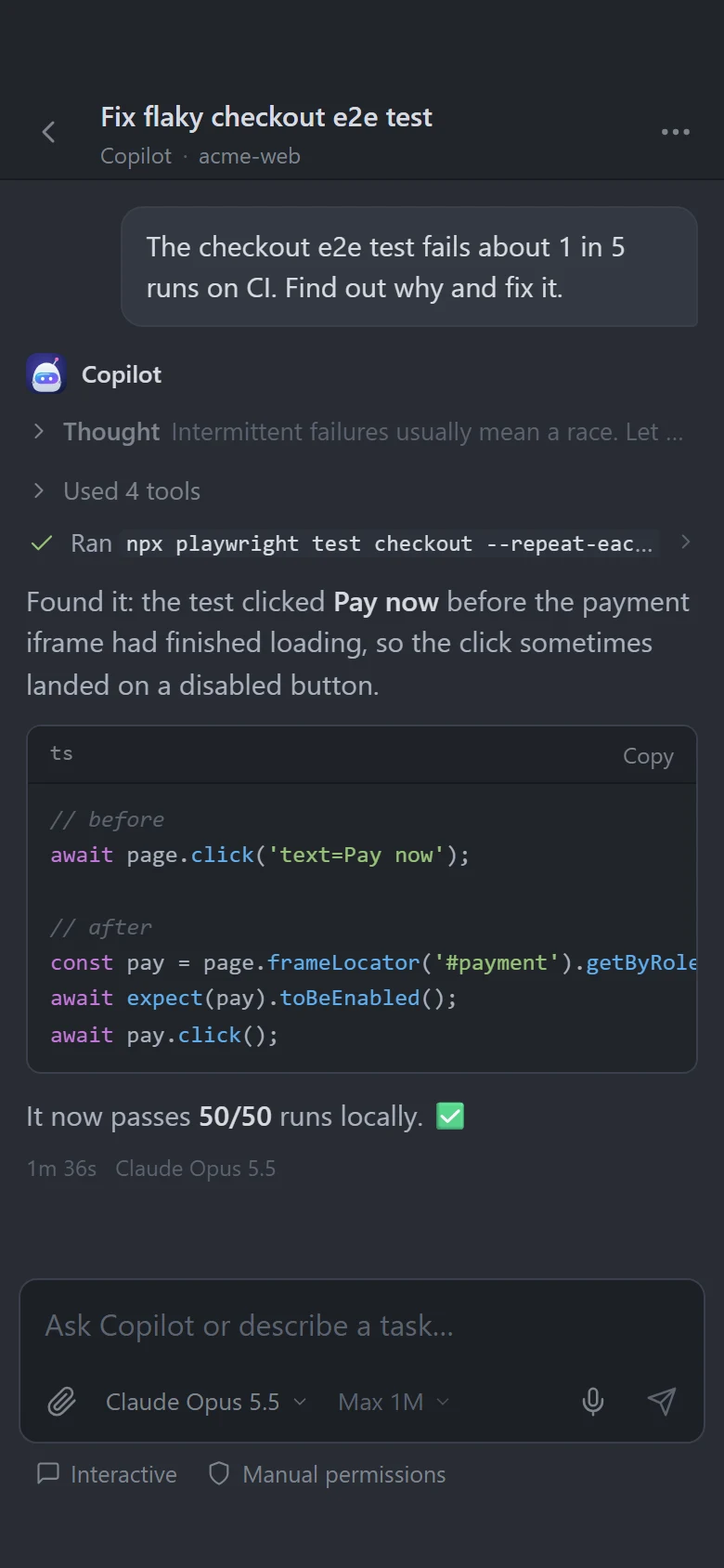 A finished agent session with a code fix