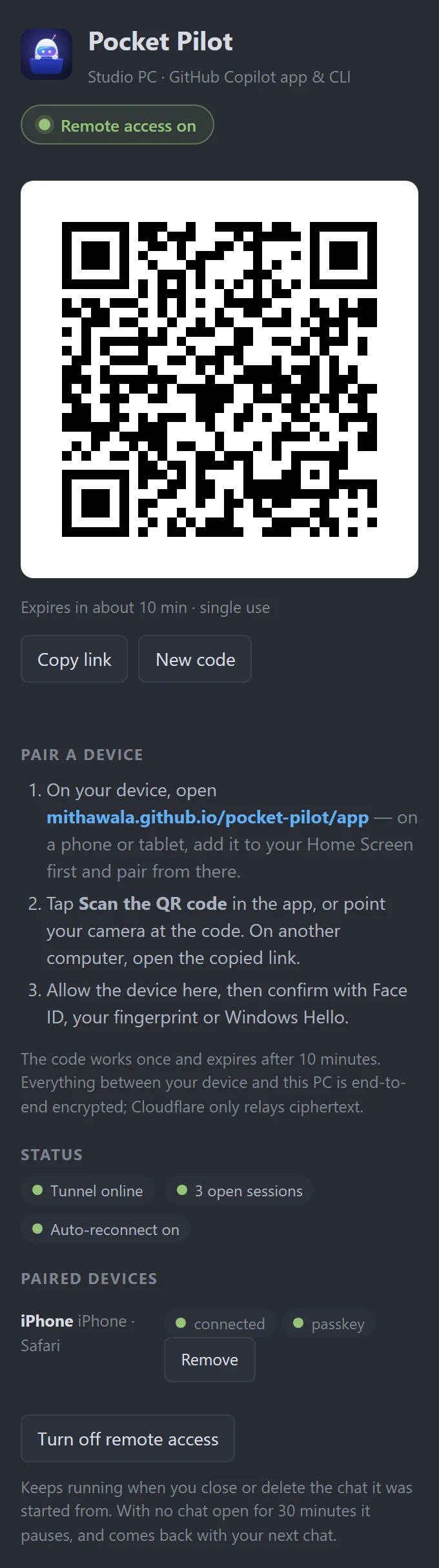 The Pocket Pilot panel in the GitHub Copilot app: the pairing QR code, status and paired devices