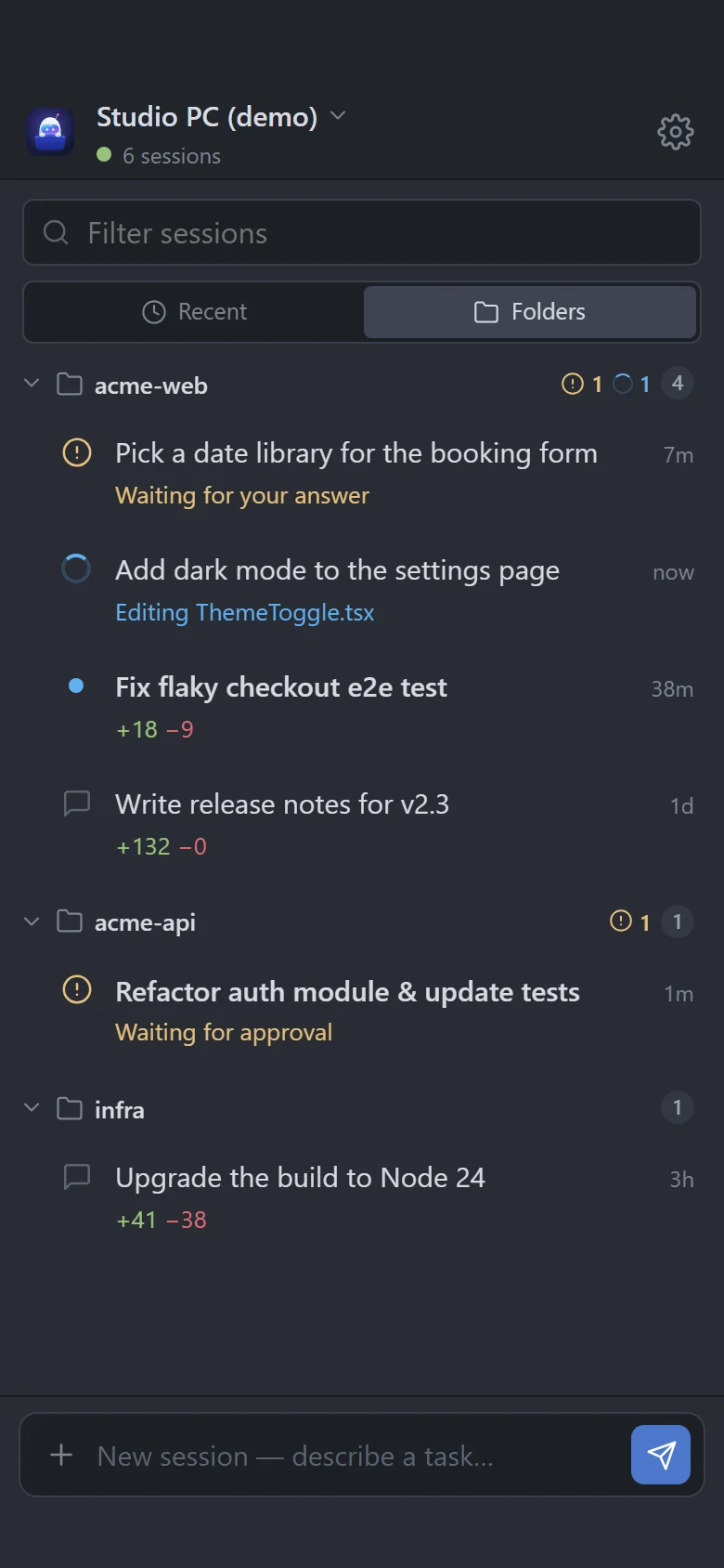 Sessions grouped by project folder with line counts