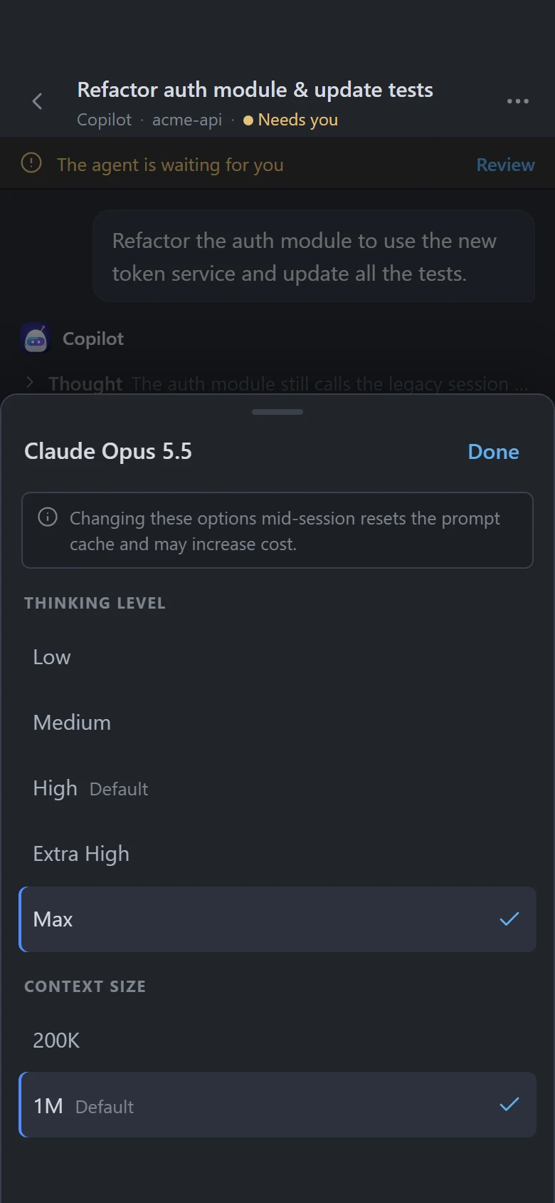 The model picker with thinking level and context size