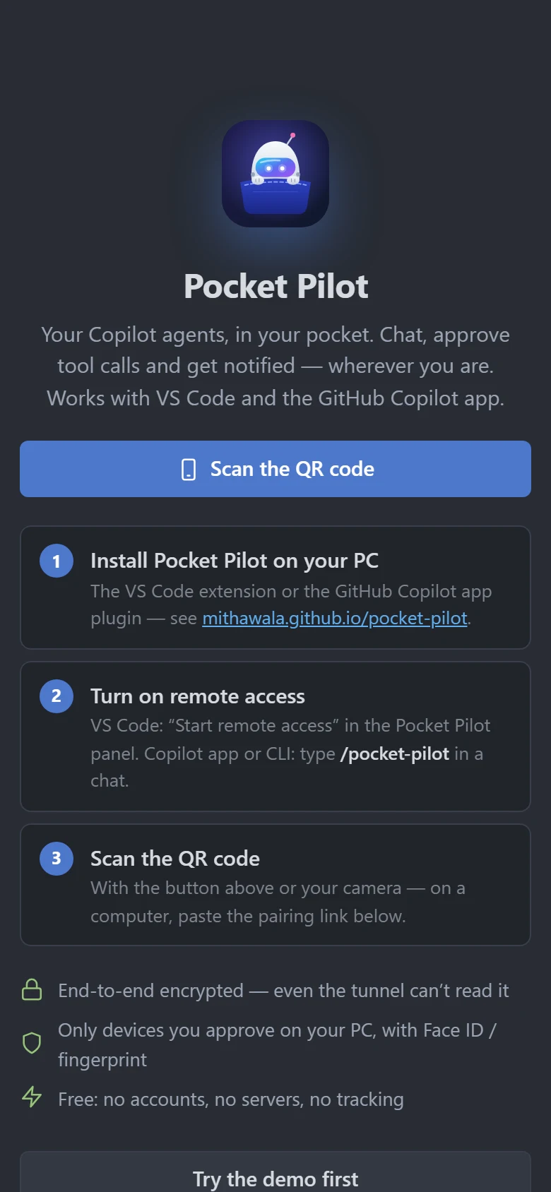 The Pocket Pilot app's pairing screen