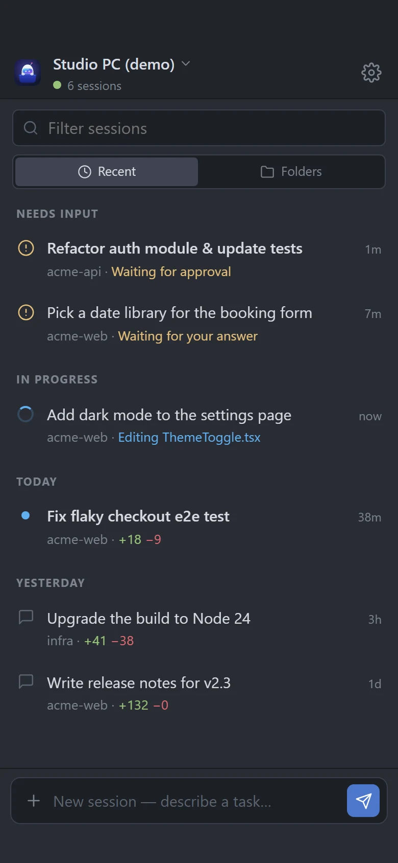 Pocket Pilot on a phone: sessions that need you, are working, or finished
