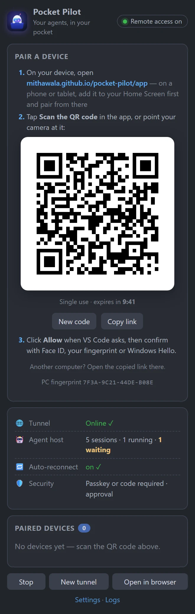 The Pocket Pilot panel in VS Code showing a pairing QR code